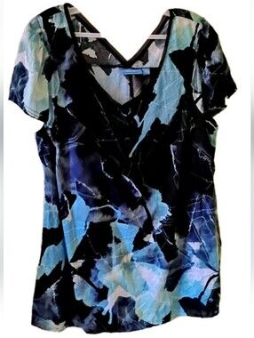 Simply Vera Vera Wang Floral V-Neck Short Sleeve Top - Blue Teal Black